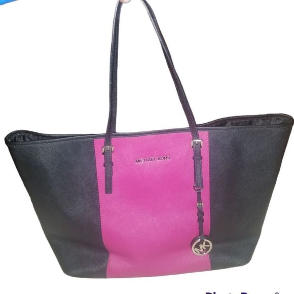 Michael Kors💗Jet Set Saffiano Leather Black and Pink Colorblock Tote Bag - Picture 2 of 6